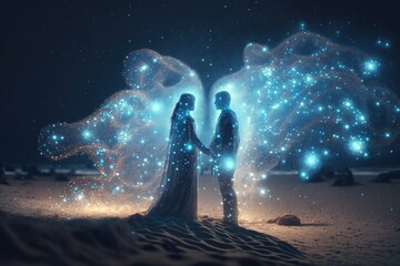Poster - A Couple Standing In The Sand With A Sky Background And Stars Wedding Venue Video Art Energy Healing Generative AI 