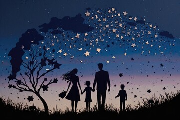Poster - A Family Standing Under A Tree With Stars In The Sky Above Orchard Paper Cutting Estate Planning