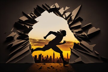 Poster - A Man Running Through A Hole In The Ground With A City Skyline In The Background Martial Arts Studio Sports Photography Business Coaching Generative AI 