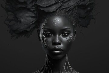Poster - A Woman With A Black Face And A Black Background With Flowers Savanna Digital Art Digital Illustration