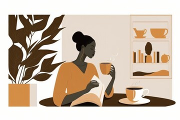 Poster - A Woman Sitting At A Table With A Cup Of Coffee And A Book Coffee Shop Graphic Design Workplace Wellness