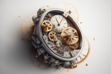 Poster - a clock with gears on it is shown in gold and silver factory time-lapse photography supply chain opt