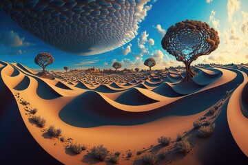 Poster - A Surreal Landscape With A Tree And A Desert Landscape With A Blue Sky Desert Sand Dunes At Sunset With Clouds Surrealism Landscapes Generative AI 