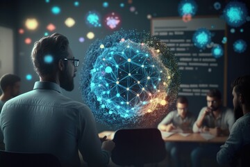 Fototapete - A Man Looking At A Computer Screen With A Network In The Middle Workshop Graphic Design Supply Chain Optimization Generative AI 