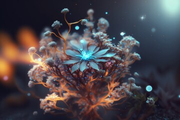 Poster - A Blue Flower With A Blue Center Surrounded By Orange And White Flowers Forest Animation Motion Graphics Generative AI 