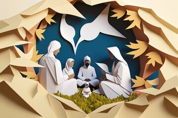 Poster - A Paper Cut Of Three People Sitting On The Grass With A Dove Church Paper Cutting Nonprofit Organizations Generative AI 