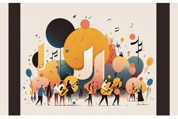 Poster - A Group Of People Standing Around A Musical Instrument Illustration With A Large Elephant Oasis Typography Music Performance Generative AI 