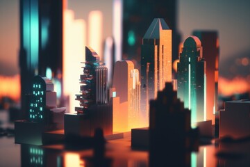 Poster - a city with skyscrapers and buildings in the background at night modern city skyline at sunset anima