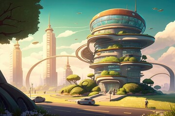 Poster - A Futuristic City With A Futuristic Building And A Lot Of Trees Modern City Skyline In Daylight Animation Environment Generative AI 