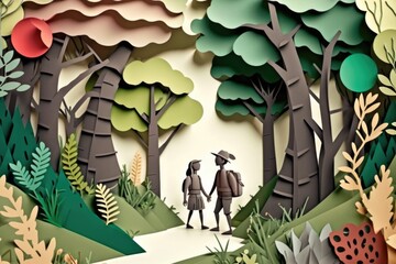 Poster - A Paper Cut Of A Couple Walking Through A Forest Holding Hands Rainforest Paper Cutting Advertising Design