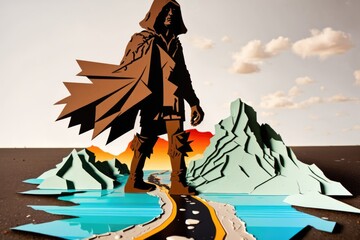 Wall Mural - A Paper Cut Of A Man Standing On A Road With Mountains In The Background River Delta Paper Cutting Art Modeling Generative AI 