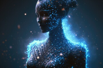 Poster - A Woman With A Futuristic Body And Blue Lights On Her Face Marina Animation Artificial Intelligence Generative AI 