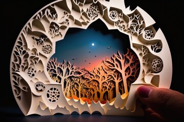 Poster - A Paper Cut Of A Forest With Trees And A Moon In The Sky Forest Paper Cutting Print Design Generative AI 