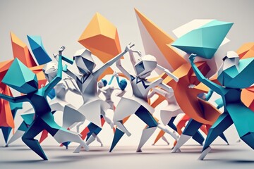 Poster - A Group Of People With Different Colored Paper Figures In The Air Martial Arts Studio Origami Motion Graphics Generative AI 