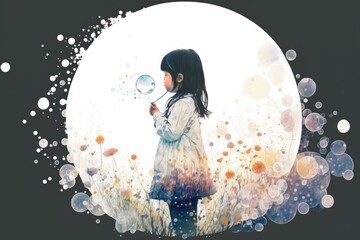 Poster - A Girl Looking At A Bubble In A Field Of Flowers With A Magnifying Glass Lunar Landscape Graphic Design Science Education Generative AI 