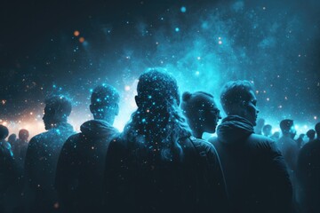 Poster - A Group Of People Standing In A Dark Room With A Blue And Black Background Workshop Advertising Photography Influencer Marketing Generative AI 
