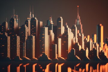 Poster - A City Skyline With Skyscrapers And A Reflection In The Water City Skyline Animation Cities Generative AI 