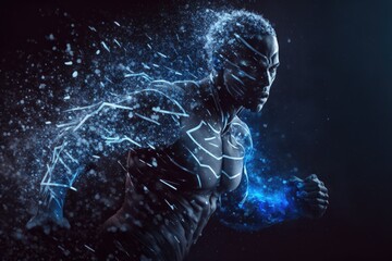Aufkleber - A Man Running Through The Air With A Blue Light Coming Out Of His Chest Martial Arts Studio Time-lapse Photography Energy Healing Generative AI 