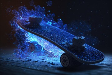 Poster - a skateboard with blue lights on it on a wooden floor skate park high-speed photography motion graph