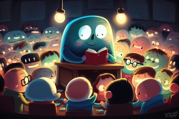 Poster - A Cartoon Of A Group Of People Reading A Book In Front Of A Crowd Of People Library Animation Literacy Education