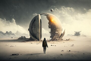 Aufkleber - A Man Walking Across A Desert Covered In Sand And A Giant Object Lunar Landscape Environmental Art Environment Generative AI 