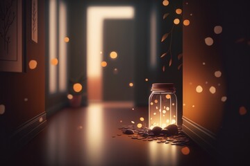 Poster - A Lantern Is Lit Up On A Dark Hallway With A Door Country Road Animation Animation