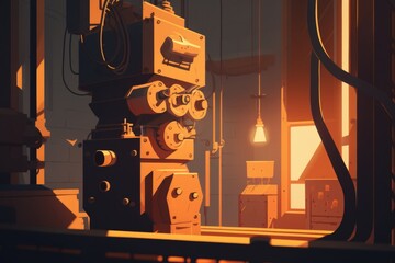 Poster - A Room With A Lot Of Machinery In It And A Light On Abandoned Factory At Sunset Animation Animation Filmmaking Generative AI 