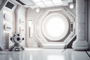 Poster - A Futuristic Looking Room With A Window And A Robot In The Center Classroom Photorealism 3d Modeling Generative AI 