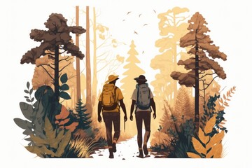 Poster - Two People Walking Through A Forest With Backpacks On Their Backs Mountain Trail In Autumn Forest With Golden Leaves And Mist Woodcut Outdoor Gear Generative AI 