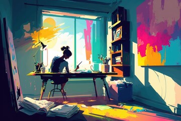 Poster - A Woman Sitting At A Desk In Front Of A Window With A Book Workshop Color Field Painting Painting
