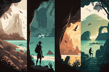 Poster - A Series Of Three Posters Depicting A Man Standing In A Cave National Park Environmental Art Adventure Travel Generative AI 