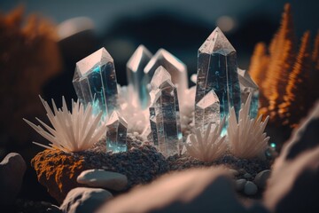 Poster - A Group Of Crystal Rocks Sitting On Top Of A Pile Of Rocks Desert Environmental Art Motion Graphics Generative AI 