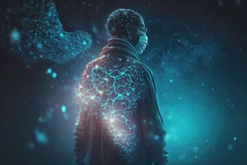 Poster - A Man In A Black Coat And A Blue Background With A Pattern On His Body Hospital Digital Art Science Writing