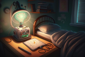 Poster - A Bed With A Lamp On Top Of It Next To A Book Bedroom Photorealism Intellectual Property Generative AI 