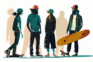 Poster - A Group Of People Standing Around A Skateboard On A Skateboard Skate Park Animation Digital Illustration Generative AI 