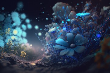 Poster - A Blue Flower Is In The Middle Of A Field Of Flowers Lunar Landscape Animation Motion Graphics Generative AI 