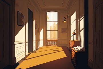 Poster - a hallway with a bed and a desk in it with a window bedroom photorealism interior design generative 