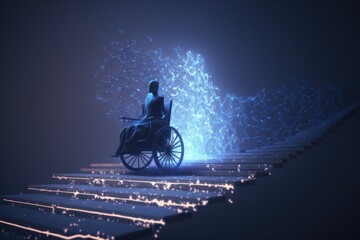 Poster - A Woman In A Wheelchair On A Stair Case With A Blue Background Hospital Video Art Accessibility Generative AI 