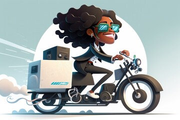 Poster - A Woman Riding A Motorcycle With A Box On The Back Of It Bank Animation Supply Chain Optimization Generative AI 