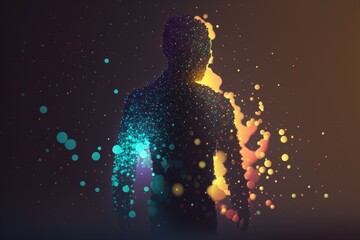 Fototapete - A Man Standing In Front Of A Colorful Background With Dots On It Workshop Digital Art Data Analytics Generative AI 