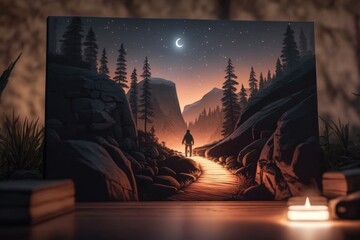 Wall Mural - A Painting Of A Man Walking Down A Path At Night With A Candle Forest Trail At Sunset Video Art Environment