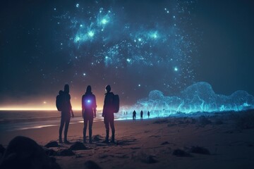 Fototapete - Three People Standing On A Beach Watching The Sky With Fireworks In The Background Lunar Landscape Long Exposure Photography Group Travel Generative AI 