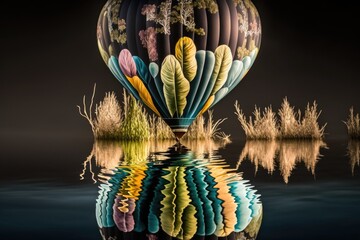Poster - A Colorful Hot Air Balloon Floating Over A Lake At Night With Reflections River Delta Color Photography Color Photography Generative AI 