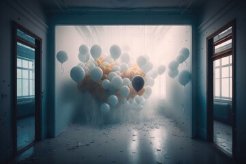 Poster - A Room With Balloons Floating In The Air And A Window Open Abandoned Warehouse Interior Advertising Photography Fine Art Photography Generative AI 