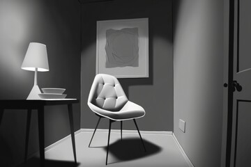 Poster - A Chair And A Lamp In A Room With A Painting On The Wall Bedroom Photorealism Interior Design Generative AI 
