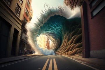 Poster - A Large Wave Is Coming Out Of A Tunnel In The Street Urban Street Photorealism Digital Photography Generative AI 