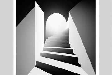 Poster - a stairway leading to a bright light in a room with a white wall deep sea trench black and white pho