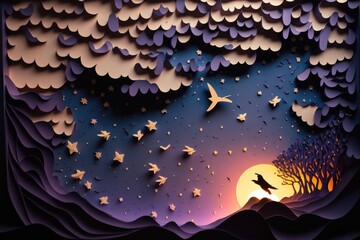 Poster - A Paper Cut Of A Night Scene With A Bird Flying Over The Moon Lunar Landscape Paper Cutting Metal Art Generative AI 