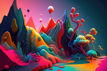 Poster - A Colorful Landscape With Mountains And Trees In The Background And A Stream Of Water Lunar Landscape Color Field Painting Landscapes Generative AI 