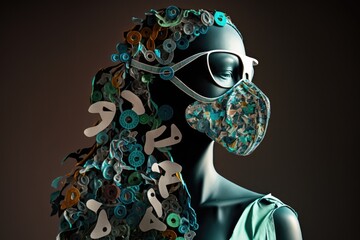 Poster - A Woman With A Mask And A Dress Made Of Gears And Chains Junkyard Environmental Art Environmental Health And Safety Generative AI 